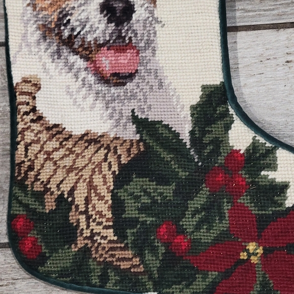 Wool monogrammed Jack Russell Terrior needlepoint Christmas stocking poinsetta - Picture 3 of 12